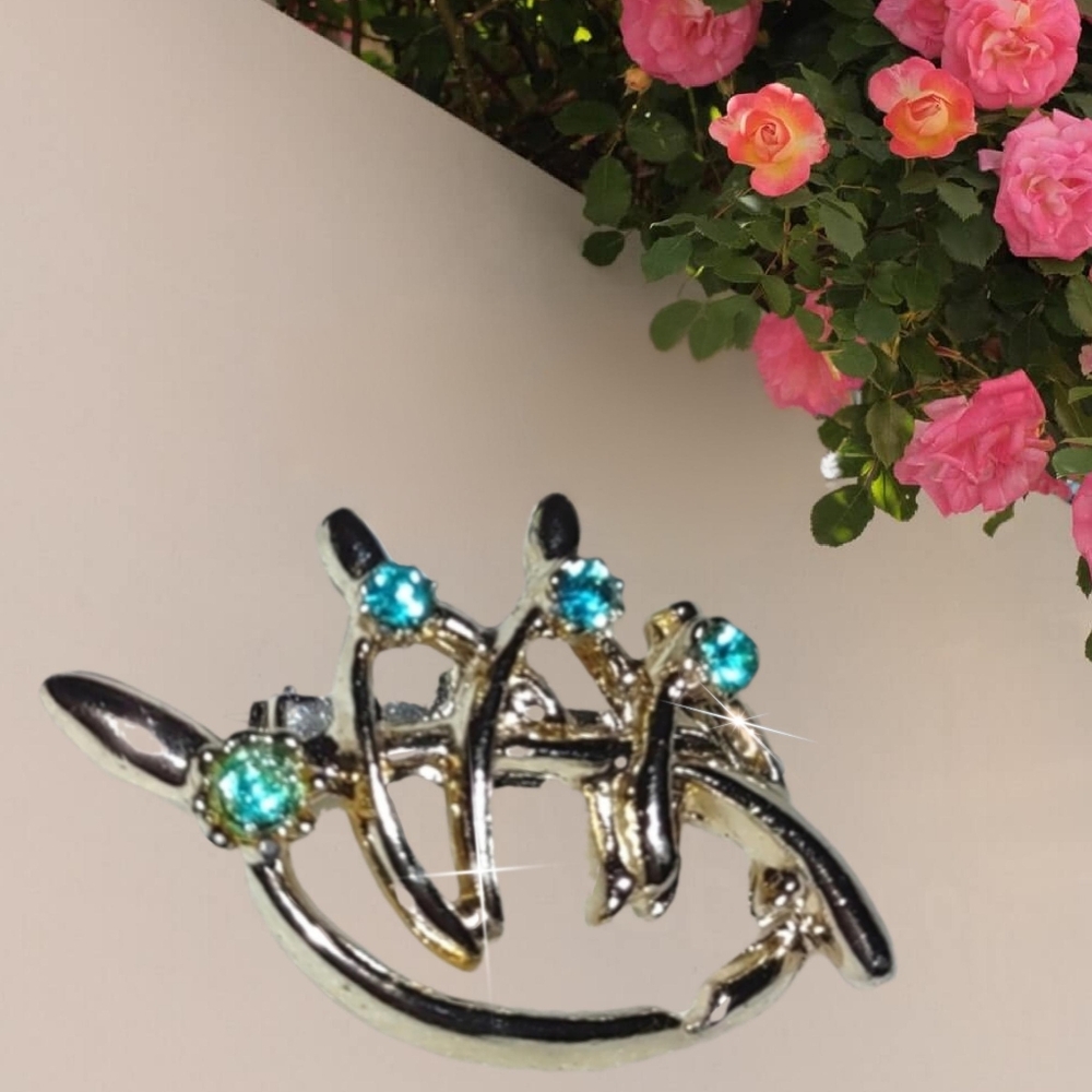 Vintage Wishbone Brooch w/ Aquamarine Rhinestones